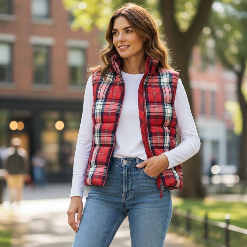 Lands' End Women's Large Plaid Puffer Vest Red Tartan Preppy Heritage Fall
